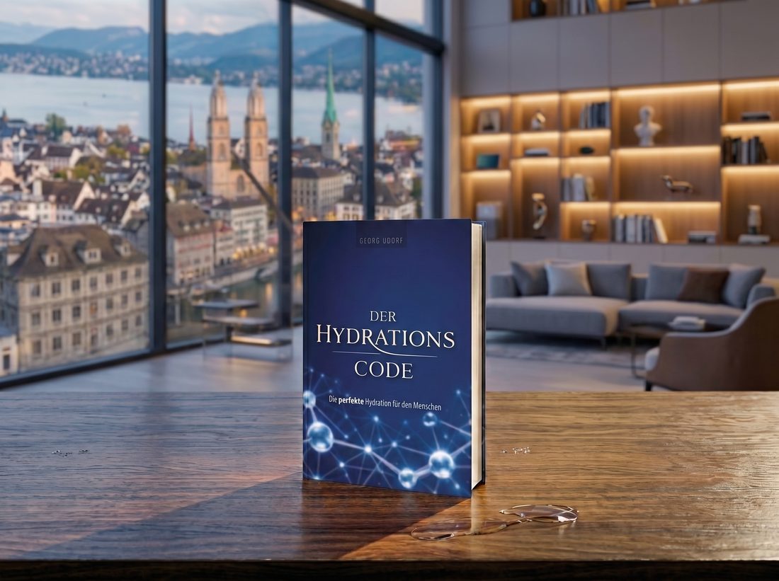 Il libro «Il codice dell’idratazione» su un tavolo di legno, alle spalle la vista su una città vecchia sul lago