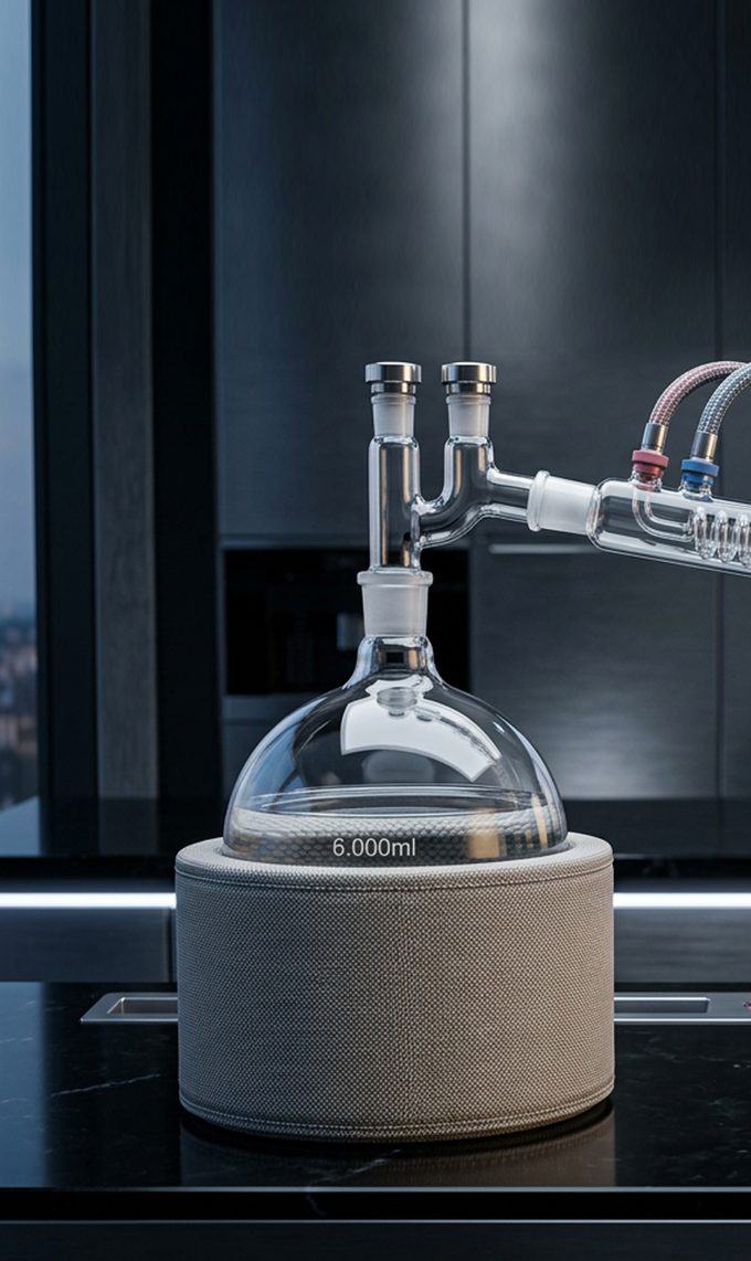 L’alambicco Ars Aquae in funzione. Il pallone a fondo tondo poggia nel sistema di riscaldamento, sopra si trova il raccordo di Claisen, a destra il refrigerante di Dimroth scende verso il basso con la linea rossa e quella blu.