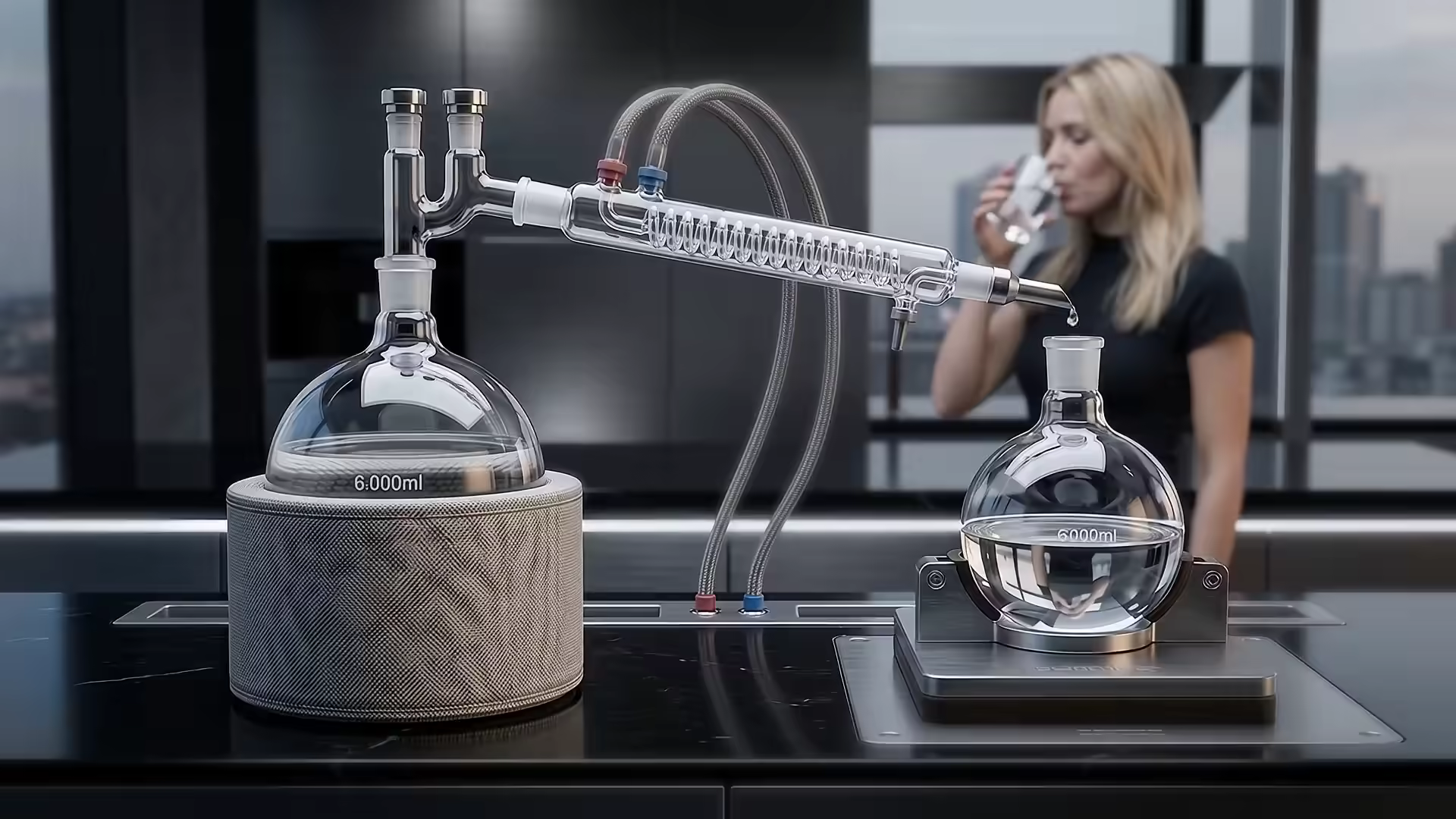 L’alambicco di vetro Ars Aquae al lavoro, sullo sfondo una donna con un bicchiere d’acqua.